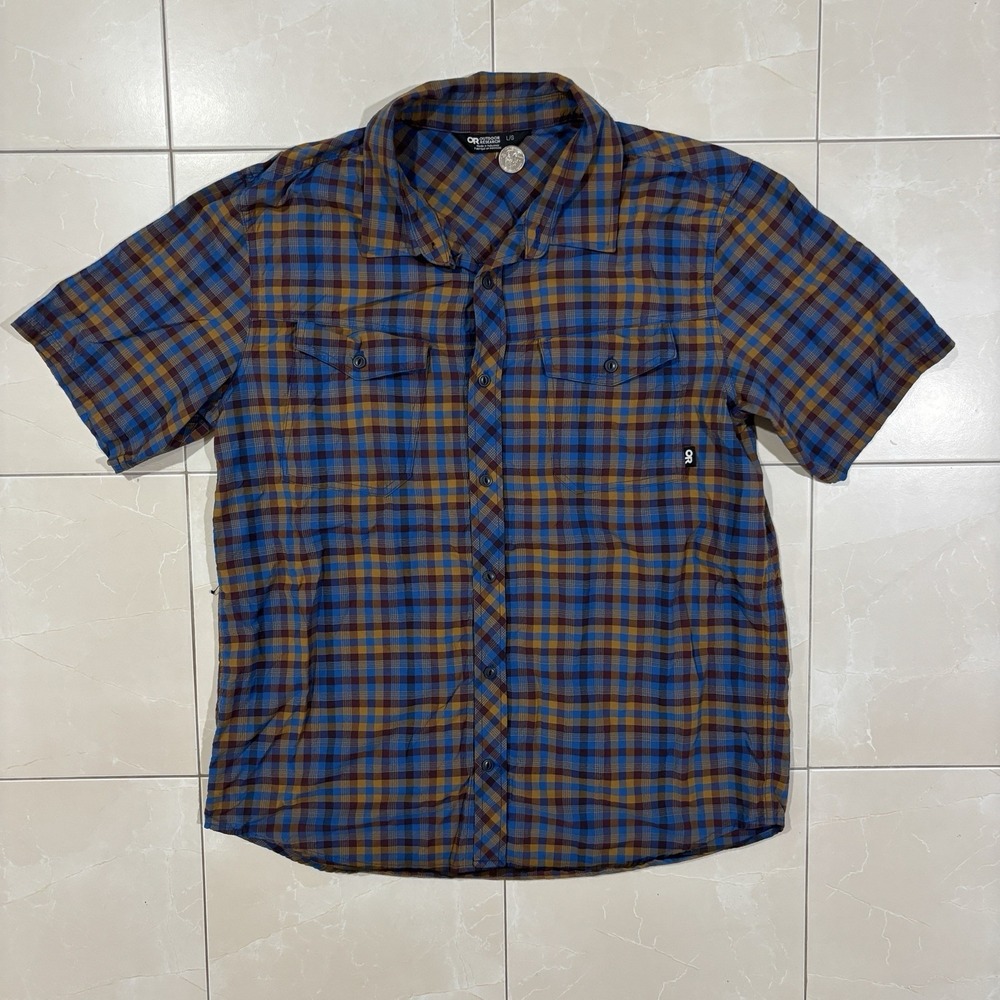 Outdoor Research Button Up Shirt Men's Large Plaid Blue Outdoors Hiking Fishing